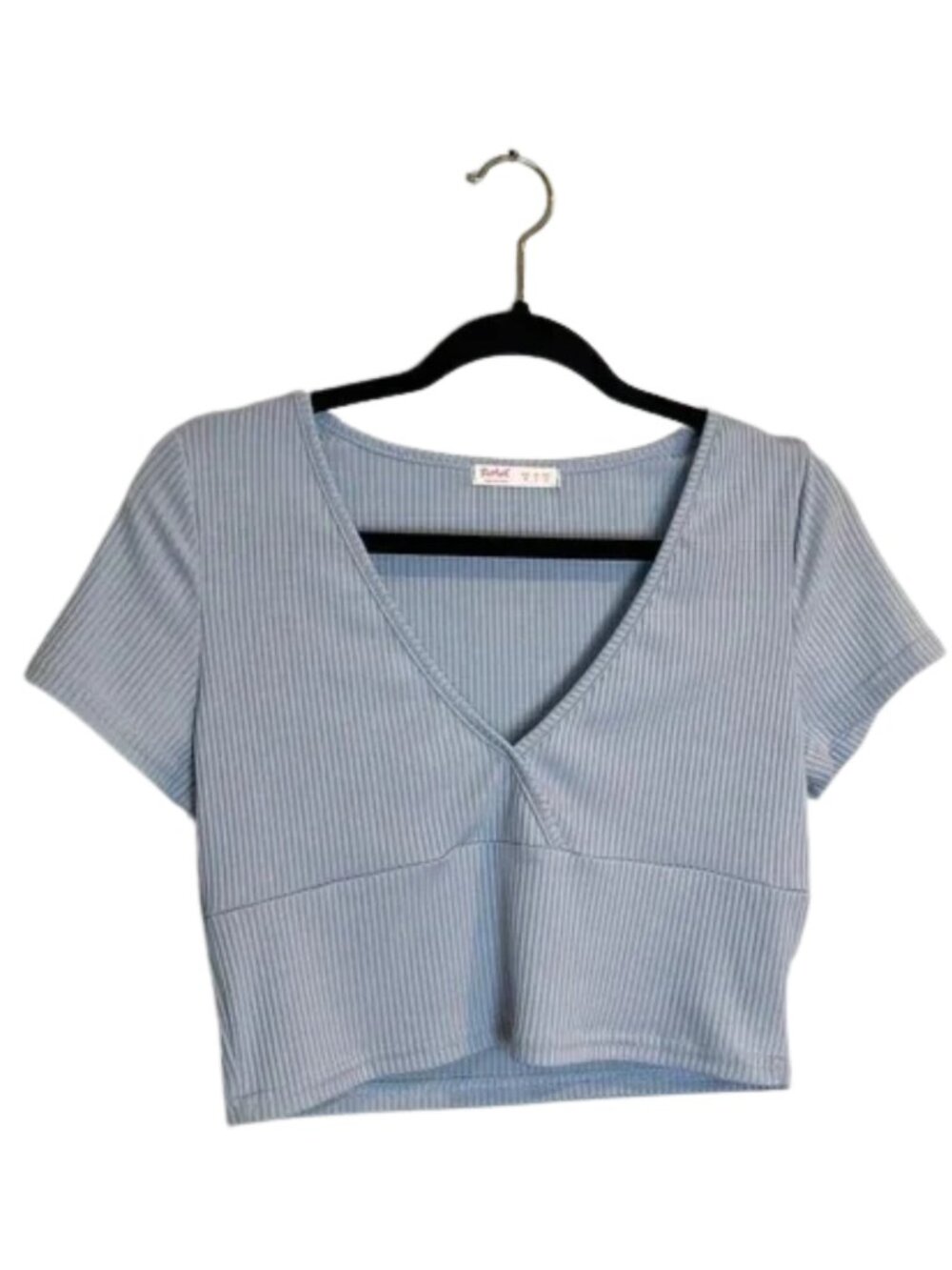 Romwe Women's Ribbed Short Sleeve V-Neck Crop Top Light Blue Size M